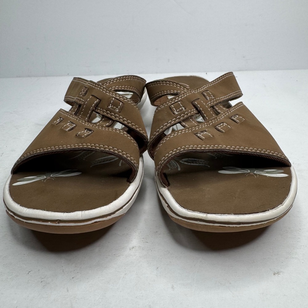 Clarks Brown Multi Strap Slide Sandals Womens 7M 80177 Contrast Stitch Comfort - Picture 4 of 7